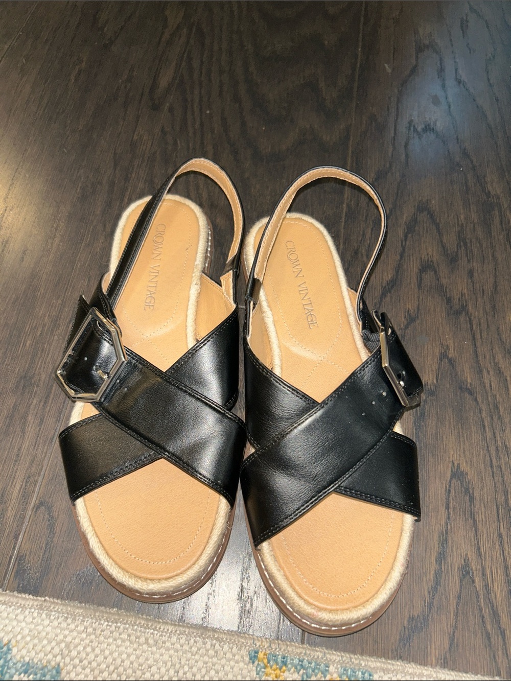 Crown Vintage Black Leather Crisscross Buckle Slingback Sandals